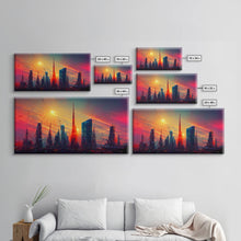 Load image into Gallery viewer, Dystopian Cyberpunk canvas print, cyber punk city at sunset, Bladerunner vibes art, synthwave style art, cool wall art, night city
