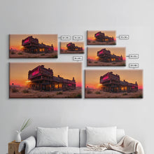 Load image into Gallery viewer, Abandoned wild west saloon at sunset canvas print, travel photography art, outrun sunset ready to hang wall art
