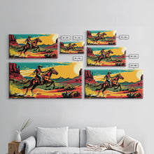 Load image into Gallery viewer, Cowboy Galloping in Desert, Vibrant Sunset Western Art, Framed Canvas Print, Farmhouse Decor, Colorful Wall Art, Cowboy Theme

