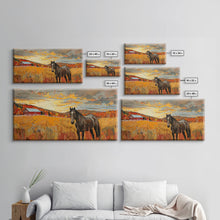 Carregar imagem no visualizador da galeria, Black Horse in Autumn Field with Red Barn, Perfect Farmhouse Art, Framed Canvas Print, Rustic Wall Decor, Living Room Decoration
