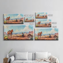 Load image into Gallery viewer, Cowboy Resting with Horse in Desert Landscape, Classic Western Art, Framed Canvas Print, Rustic Wall Decor, Living Room Decoration
