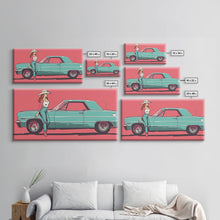 Load image into Gallery viewer, Cowgirl Leaning Against Classic Car in Pop Art Style, Vibrant Framed Canvas Print for Bedroom, Perfect Living Room Wall Art
