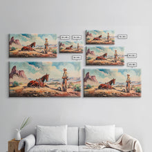 Load image into Gallery viewer, Cowboy and Horse in Desert Landscape, Rustic Farmhouse Art, Framed Canvas Print, Western Decor, Living Room Wall Art, Country Style

