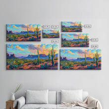 Load image into Gallery viewer, Desert Sunset with Cacti and Mountains, Abstract Southwestern Art, Framed Canvas Print, Rustic Boho Wall Decor, Living Room Art
