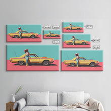 Load image into Gallery viewer, Bold Cowgirl Posing with Yellow Car, Pop Art Framed Canvas Print for Living Room, Ideal Bedroom Wall Art, Unique Home Decor
