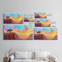 Load image into Gallery viewer, Cowboy on Horse Under Vibrant Sky, Farmhouse Style Framed Canvas Print for Bedroom Wall Art, Rustic Home Decor, Western Scenic Art
