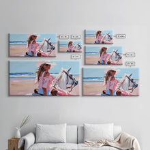 Load image into Gallery viewer, Elegant Cowgirl on Horse by the Shore, Beautiful Framed Canvas Print, Ideal for Coastal Living Room Art, Beach Bedroom Decor, Horse Wall Art
