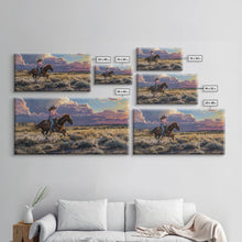 Load image into Gallery viewer, Cowgirl Galloping Across Desert Landscape, Vibrant Framed Canvas Print, Perfect for Living Room Art, Western Bedroom Decor, Desert Wall Art
