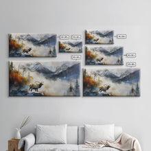 Load image into Gallery viewer, Majestic Elk in Misty Mountains, Framed Canvas Print, Perfect for Living Room Art, Rustic Bedroom Decor, Nature Wall Art, Wildlife Scene
