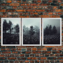 Load image into Gallery viewer, Spooky haunted graveyard at night, art for witches, 3 piece canvas, 3 piece wall art, cemetery art
