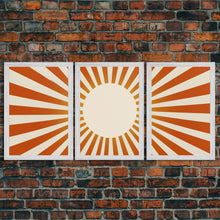 Carregar imagem no visualizador da galeria, Boho Horizontal Sun Print, 3 Piece Art, Triptych Wall Art, Framed Canvas Prints, Yellow Sun Poster, Sunrise Wall Art, Boho Nursery Prints

