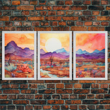 Carregar imagem no visualizador da galeria, Black Framed 3 Piece Wall Art, Southwestern Desert Scene at Sunset, Minimalist Wall Art, MCM Style Midcentury Wall Decor, Above Sofa Art
