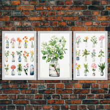 Load image into Gallery viewer, 3 Piece Set, Cute Kawaii Floral Print, Flowers In Vases, Framed Wall Art, Canvas Print, Botanical Wall Decor, Dried Flower Large Art
