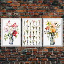 Load image into Gallery viewer, 3 Piece Set, Cute Kawaii Floral Print, Flowers In Vases, Framed Wall Art, Canvas Print, Botanical Wall Decor, Dried Flower Large Triptych
