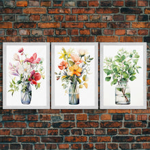 Load image into Gallery viewer, 3 Piece Set, Cute Kawaii Floral Print, Flowers In Vases, Framed Wall Art, Canvas Print, Botanical Wall Decor, Boho Kitchen Art, French Art
