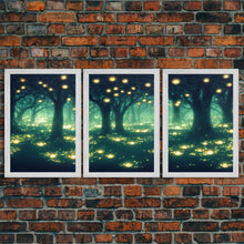 Carregar imagem no visualizador da galeria, Fantasy forest wall decor, ready to hang 3 piece canvas print, 3 piece wall art, firefly wall art, Fireflies In A Fairy Forest at Night
