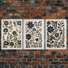 Carregar imagem no visualizador da galeria, Black and White Floral Print, 3 Piece Framed Canvas Art, Boho Rustic Farmhouse Decor, Living Room Art, Minimalist Wall Art
