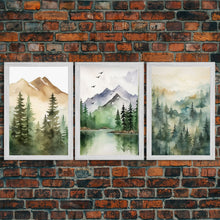 Cargar imagen en el visor de la galería, Triptych Framed Canvas Wall Art Set of 3 Green Forest Mountain Nature Landscape Prints Minimalist Modern Art, Woodland Nursery Decor
