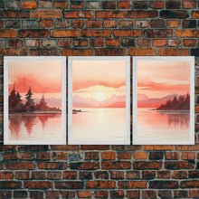 Load image into Gallery viewer, Beautiful Red Lake Sunset 3 Piece Framed Canvas Print Set, Above Sofa Art, Living Room Decor, Beautiful Wall Art, Watercolor Painting
