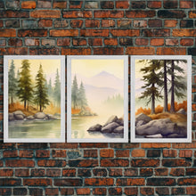 Load image into Gallery viewer, Beautiful Wall Art 3 Piece Canvas Print Framed Wall Decor, Watercolor Landscape Painting Print, Pacific Northwest, Oregon Art
