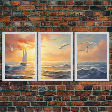 Carregar imagem no visualizador da galeria, Beautiful Ocean At Sunset 3 Piece Canvas Print Wall Art, Above Sofa, Abstract Art, Modern Art, Minimalism Lakehouse Decor
