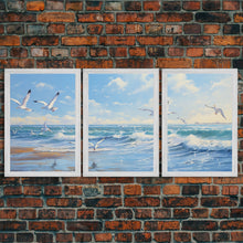 Carregar imagem no visualizador da galeria, Beautiful Seagulls Over An Ocean Beach At Sunset 3 Piece Canvas Print Wall Art, Above Sofa Art, Modern Art, Minimalism Lakehouse Decor
