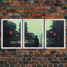 Load image into Gallery viewer, 80s Style Cyberpunk Tokyo, Retrofuturism, Dystopian art, 3 piece wall art, 3 piece canvas print
