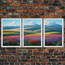 Cargar imagen en el visor de la galería, Colorful rolling hills, flower fields, landscape art,  3 piece wall art, 3 piece canvas, cool centerpiece living room wall art
