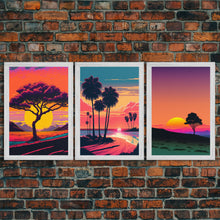 Load image into Gallery viewer, Triptych 3 panel Wall Art, Framed Canvas Prints, Synthwave Landscape Decor, MCM 80s Vibes Retro Style 3 Piece Art
