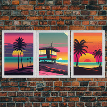 Carregar imagem no visualizador da galeria, Beach Vibes, 3 Panel Wall Art, Framed Canvas Prints, Triptych Art, 3 Piece, 80s Vibes Vaporwave Wall Art, Life Guard Hut and Palm Trees
