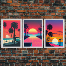 Load image into Gallery viewer, Midcentury Modern Wall Art, Mid Century Modern, 3 Piece Framed Canvas, 3 Panel Art, Triptych Art, Vaporwave Palm Trees and Sunset, 80s Retro
