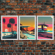 Load image into Gallery viewer, MCM Style Retro Wall Decor, Framed Canvas Prints, Triptych 3 Panel Wall Art, Retrowave Beach Art, Synthwave / Vaporwave Architecture Art
