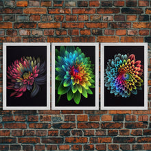 Cargar imagen en el visor de la galería, Triptych 3 Panel Wall Art - Framed Canvas Prints - Neon Flowers - Retro Style Flower Paintings - Boho Decor - Minimalist Wall Art - Modern
