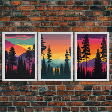 Load image into Gallery viewer, 3 Piece Retro Style Forest Wall Art Canvas Print, Set of 3 Forest Landscape Art, Green Forest, Nature, Modern Art, Minimalist, Misty, Decor
