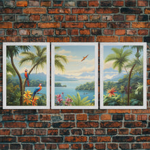 Load image into Gallery viewer, Palm Tree Art, Tropical Wall Art, Macaw, Landscape Art Print, Canvas Print, Wall Art, 3 Piece Wall Art, Retirement Gifts, Apartment Wall Art
