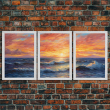Load image into Gallery viewer, 3 Piece Wall Art Blue Beach and Ocean Waves Panoramic Framed Canvas Print - Perfect for Living Room, Bedroom, Office Decor, Beach House Art
