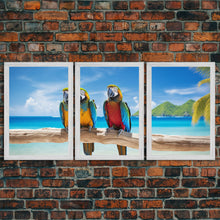 Cargar imagen en el visor de la galería, Parrot Wall Art, Tropical Wall Art, Beach Art Print, Seascape Print, Canvas Print, Wall Art, 3 Piece Wall Art, Apartment Wall Decor
