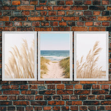 Load image into Gallery viewer, Framed Beach Photography Prints, 3 Piece Set, Minimalist Boho Beach Decor, Beach House Art, Rustic Decor, 3 Panel Art Prints
