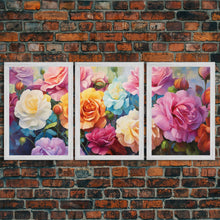 Carregar imagem no visualizador da galeria, Beautiful Rose Art, Framed Canvas Print, Floral Art, Botanical  Decor, Blue and Yellow Roses, 3 Piece Art Set
