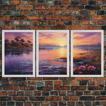 Carregar imagem no visualizador da galeria, Beautiful 3 Piece Wall Art, Framed Canvas Print, 3 Piece Set, Lake House Decor, Sunset Over The Purple Marsh, Above Sofa Art

