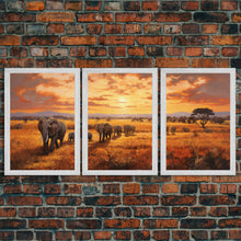 Load image into Gallery viewer, Elephant Print, Animal Wall Art, Sunset Print, Canvas Print, Wall Art, 3 Piece Wall Art, Nature Print, Retirement Gifts, Modern Office Art
