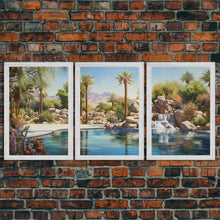 Load image into Gallery viewer, Desert Wall Art, Palm Trees Art, Oasis Print, Lake Art, Canvas Print, Wall Art, 3 Piece Wall Art, Thank You Gift, Above Bed Art, Travel Art
