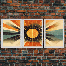 Carregar imagem no visualizador da galeria, Abstract Midcentury Modern Sunburst, Art Deco Style art, sun with rays, sun burst, boho style, 3 Piece Wall Art, Ready To Hang Canvas Print
