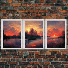 Carregar imagem no visualizador da galeria, Forest Sunset Wall Decor, Oil Painting Style, 3 Piece Wall Art, Ready To Hang Canvas Print, Cool Unique Living Room Wall Art Decor
