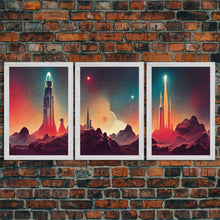 Carregar imagem no visualizador da galeria, Art Deco Scifi Art, Science Fiction Space Ships, 3 Piece Wall Art, Ready To Hang Canvas Print, Cool Unique Mancave wall Art Decor
