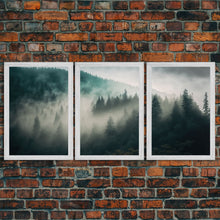 Load image into Gallery viewer, 3 piece Misty forest Fog wall art Foggy forest Farmhouse decor Foggy landscape Forest canvas print Multi panel canvas Trendy wall decor
