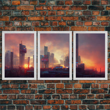 Load image into Gallery viewer, Cyberpunk City, Night City Watercolor, Videogame Concept Art, Watercolor Of a Cyberpunk City 3 Piece Wall Art, Ready To Hang Canvas Print
