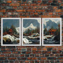 Carregar imagem no visualizador da galeria, A Winter Landscape, Trees In The Fall, Snow Capped Mountains, Gold Rush Prospecting, 3 Piece Wall Art, Ready To Hang Canvas Print
