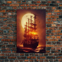 Load image into Gallery viewer, Ghost Ship and Full Moon, Spooky Pirate Ship Art, Framed Canvas Print, Ready To Hang Framed Wall Art, Living Room Wall Hanging
