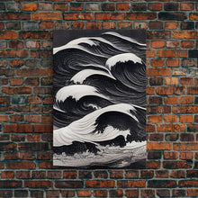 Carregar imagem no visualizador da galeria, Black and White Tidal Waves, Japanese Style Art, Framed Canvas Print, Ready To Hang Framed Wall Art, Living Room Wall Decor
